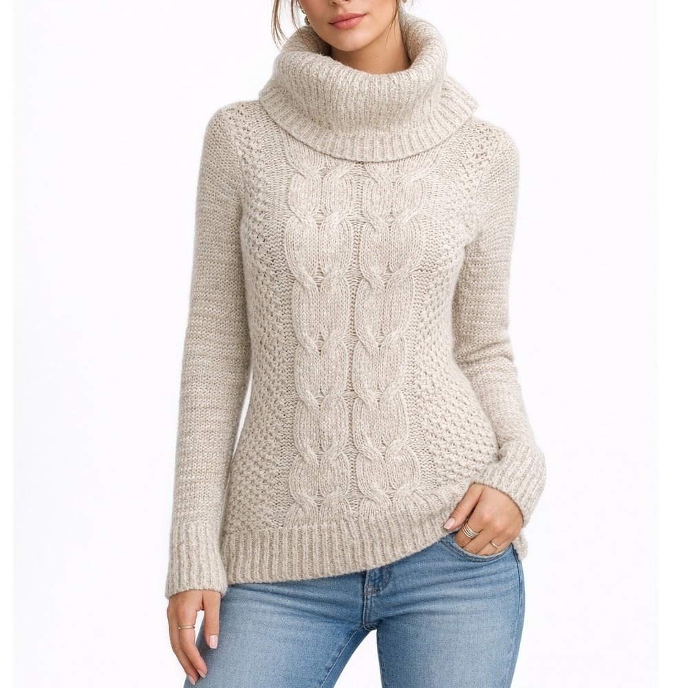 Elle Cream Cable Knit Cowl Neck Sweater Small Cozy Chunky Winter Classic